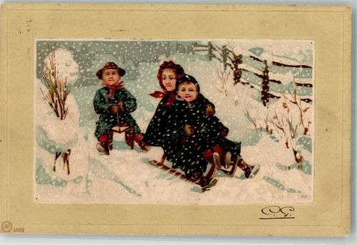 1903 Kinder Schlitten Passepartout Lithographie