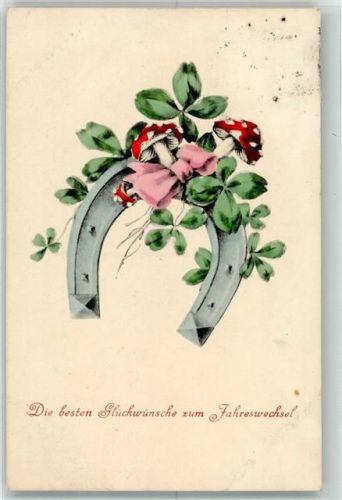 1917 Neujahr Glückwunsch Hufeisen Fliegenpilz Klee