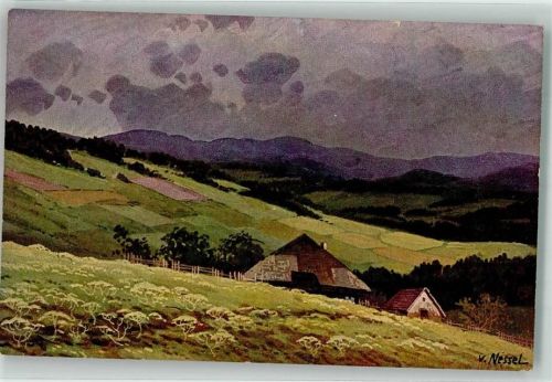 Ein einsamer Schwarzwaldhof im Tal vor dem sich verdunkelndem Himmel Verlag Geschwister Moos Serie VI No. 15
