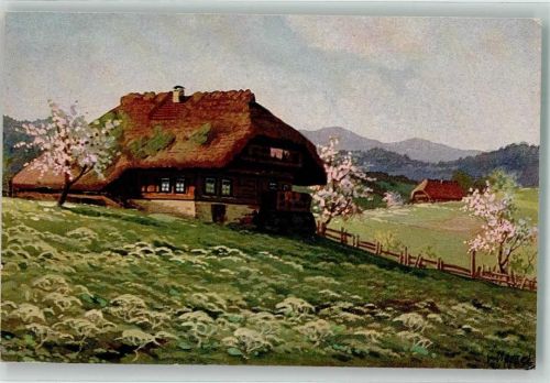 1934 sign. Nessel Ein einsames Gehöft zwischen blühenden Bäumen Verlag Geschwister Moos Serie VI No. 18