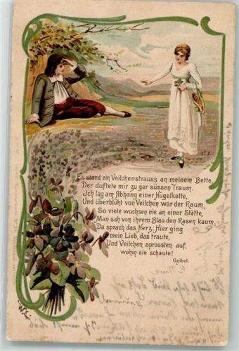 1902 Mann erblickt eine Frau auf einer Wiese aus Veilchen Liebesgedicht von Geibel Jugendstil VHM Künstlerkarte No. 35