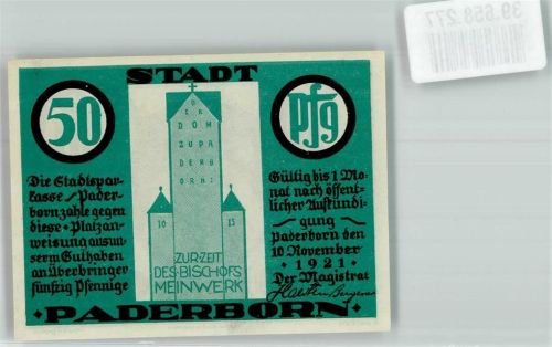 Paderborn 1921 50 Pfennig Zeit des Bischofs Meinwerk
