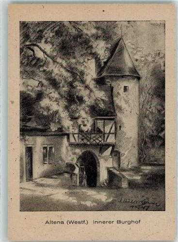 Altena 1948 sign. Hülsmann, Josef Zeichnung des inneren Burghofes Künstlerkarte Tagung des Briefmarkenhändler Verbandes