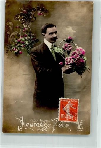 Heureuse Fete Koloriert Mann mit Rosen im Korb