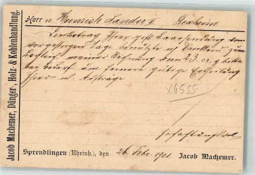 Sprendlingen 1901 Jacob Machener Dünger- Holz- u. Kohlenhandlung
