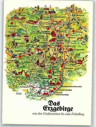 Annaberg-Buchholz sign. Mau Stilisierte Landkarte des Erzgebirges von den Greifensteinen bis zum Fichtelberg mit Sehenswürdigkeiten VEB Bild und Heimat