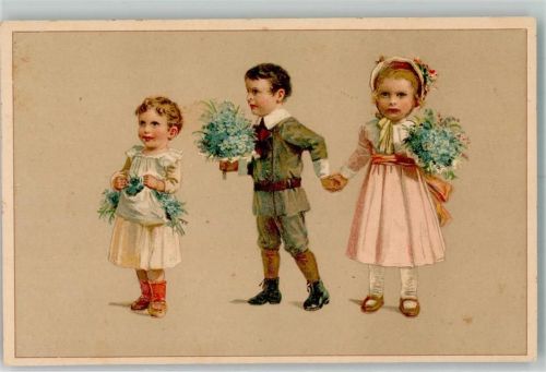 1920 Drei Kinder im Sonntagsstaat mit großen Blumensträußen B & R 9607a
