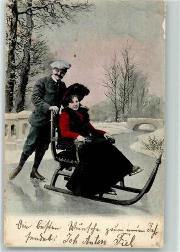 1903 Winter Eislauf Schlitten Frau Mann