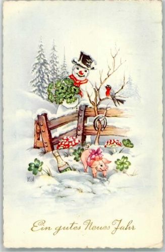 Neujahr Hufeisen Kleeblätter Schwein Fliegenpilze Vogel sign. ISI Künstlerkarte Schneemann Gebrauchsspuren