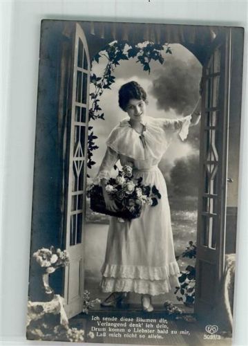 Nr. 5051/3 Eine junge Frau im weißen Kleid sendet Blumengrüße Rosen