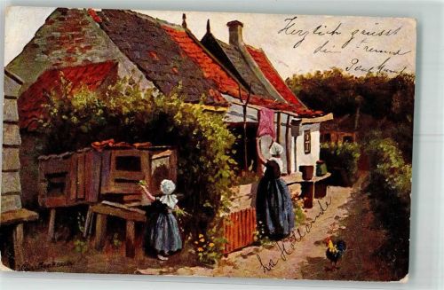 1908 Bauern Kind Hasenstall Hahn