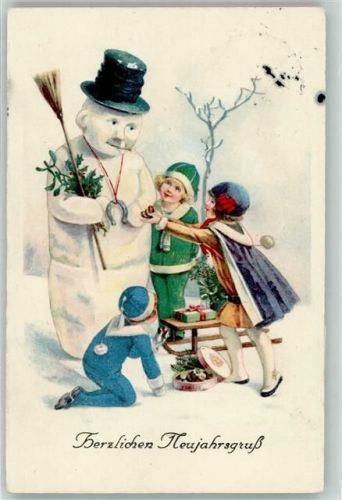 1926 Herzlichen Neujahrsgruß Drei Kinder behänden den Schneemann mit Misteln Hufeisen und Ilex vermenschlicht Zigarette