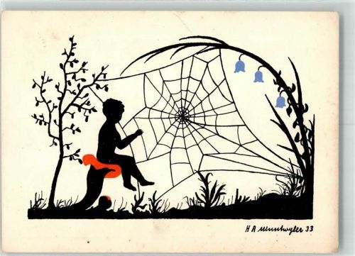 1933 sign. H.A. Muntwyler Kind sitzt auf einem Blumenkelch und spielt auf einem Spinnennetz Harfe