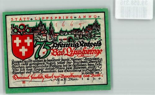 Bad Lippspringe 1921 75 Pfennig Die Sachsentaufe Karls d. Gr. a.d. Quelle d. Lippe Anno 776