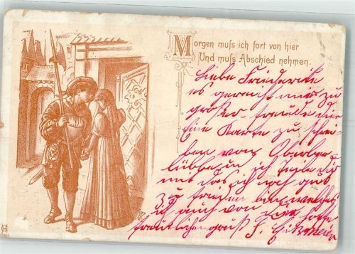 1901 sign. TR Landsknecht mit Hellebarde verabschiedet sich von seiner Frau Künstlerkarte