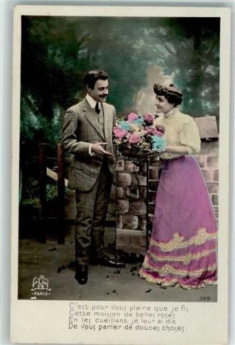 1916 Liebespaar Studiokulisse handkoloriert Korb mit Rosen