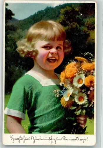 1930 Lachendes goldgelocktes Kind mit einem bunten Strauß Blumen Novolito 663/2
