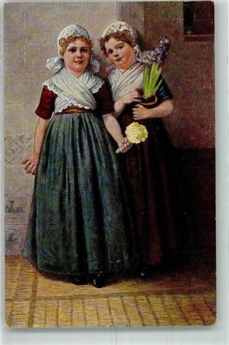 sign. Grust Wir gratulieren Zwei Hollandmädchen mit Hyazinthe in Tracht Hanfstaengl's Künstlerkarte Nr. 124 Künstler Künstlerkarte
