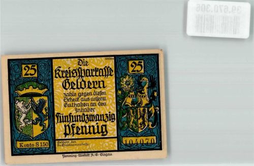 Geldern 25 Pfennig Notgeld Wappen Blau Gelb Belagerung Soldaten