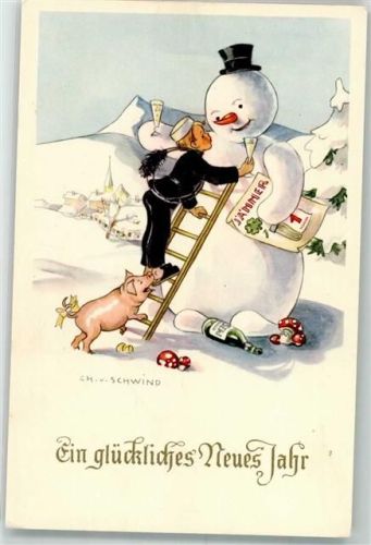 Neujahr Schornsteinfeger Schwein sign. von Schwind Ch. Kalender Kleeblätter Fliegenpilze