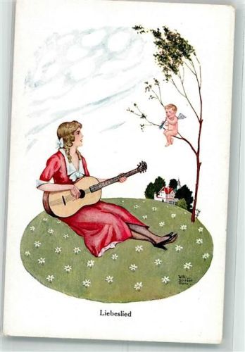 Frau mit Gitarre und Amor mit Flöte spielen ein Duett Arthur Rehn & Co. Nr. 3042