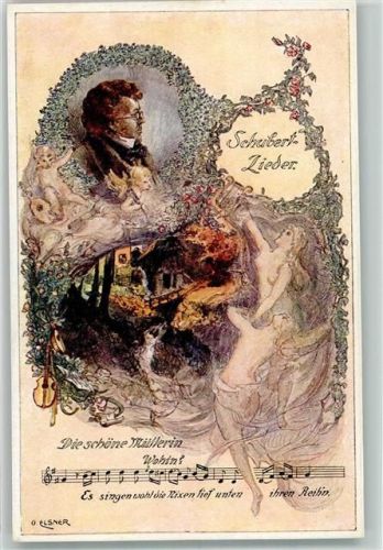 Erotik Jugendstil sign. Elsner O. Engel Geige Die schöne Müllerin Verlag Gerstmayer Nr.5