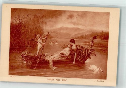 Fru Paar Ruderboot Schwäne sign. Spiridon J. L Amour nous guide salon de Paris Nr.2574