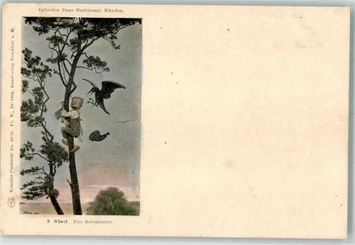 sign. Wiwl Eine Rabenmutter Frecher Junge versucht die Eier aus einem Rabennest zu klauen Verlag Juxberg No. 4079 Franz Hanfstängl