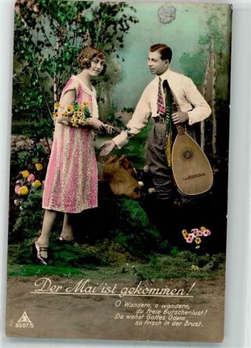 1930 Der Mai ist gekommen! Frau mit Blumenstrauß und Mann mit einer Laute PH 6007/5