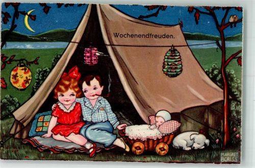 1933 Wochenendfreuden Kinder mit Kinderwagen Pfeife Lampions und Hund nachts im Zelt unter dem Sternenhimmel Amag 0341
