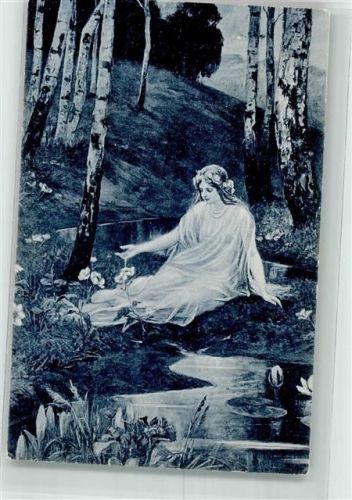 Junge Frau unter Birken sitzend an einem Seerosenteich Frau Künstlerkarte 1905 Künstlerkarte