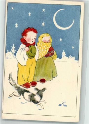 1930 sign. Laichter, P. Kinder Junge Mond Winter