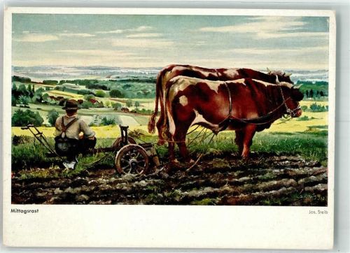 1939 Tiergespann mit Rindern Pflug sign. Steib Jos. Mittagsrast Verlag Hanfstaengl Nr. 270