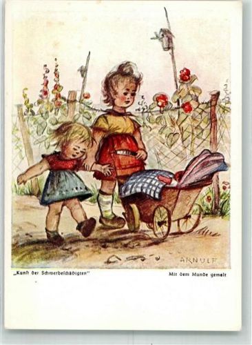sign. Arnulf Mundgemalt Zwei Mädchen unterwegs mit einem Puppenwagen Dennoch-Künstlerkarte Nr. 119