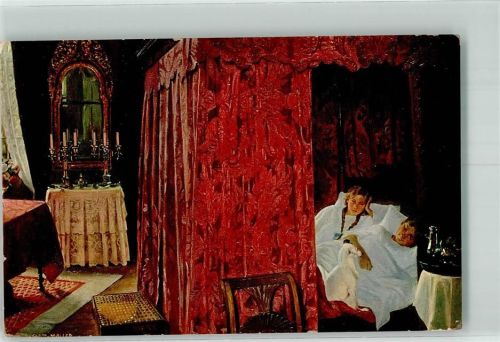 1916 sign. H. Slott Himmelbett Kinder Hund Interieur