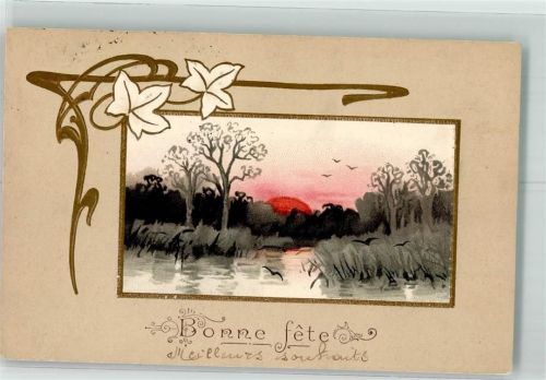 1906 Passepartout Bonne Fete Litho Sonnenuntergang