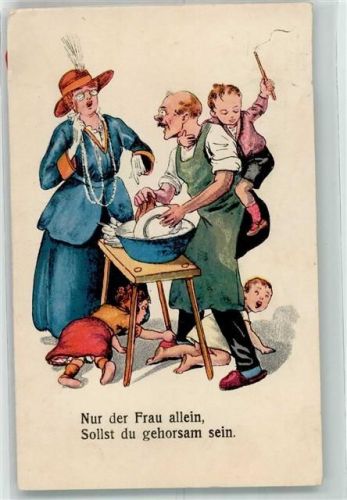 1929 Frau schimpft mit ihrem Mann der schon am spülen ist und sich um die Kinder kümmert Humor