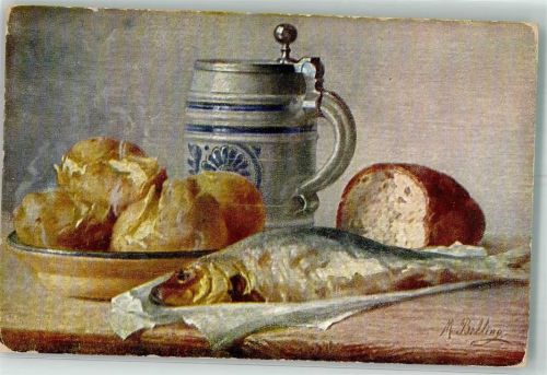 sign. Belling Stilleben mit einem Krug Bier Kartoffeln Fisch und Brot WSSB 6932/1