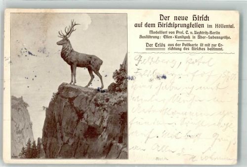 79256 W7801 Buchenbach , Breisgau 1905 Künstlerkarte sign. Zorn Hirsch auf dem Hirschsprungfelsen von Prof. Uechtritz