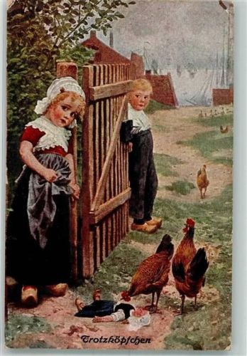 1917 sign. Schmidt Hans W. Prof. Trotzköpfchen Tracht Holzschuhe Puppe Hühner Kunstverlag C. Komst
