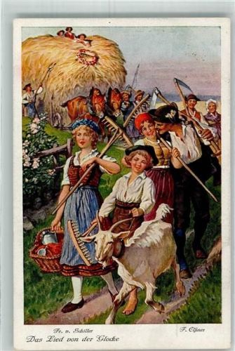 sign. Elßner Das Lied von der Glocke Bauernzug zum Erntedank mit Leiterwagen und Ziege Verlag Farbenphotographische Gesellschaft Serie 126 Nr. 3721