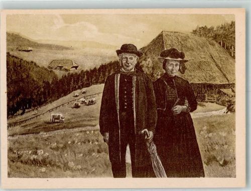 Ein älteres Paar in Tracht vor einem Schwarzwaldhaus Celi Kunstkarte Nr. 122