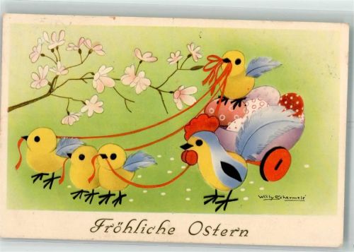 1941 Ostern Küken ziehen einen Wagen mit Ostereiern Tiere vermenschlicht Sparo Feldpost WK II