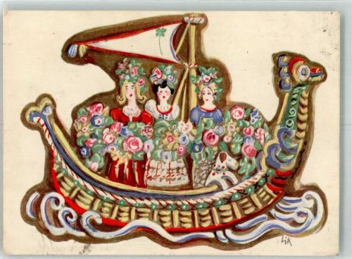 sign. Lik Schiff Frauen Hund Blumen Kleeblatt J.V.W. Nr.41 Lebkuchen Künstlerkarte