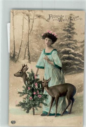1909 Rehe Tannenbaum Winterlandschaft handkoloriert Verlag EAS