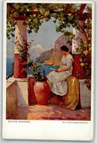 1916 sign. Dockner, Ignatz Junge Frau liest auf einer Veranda am Mittelmeer in einem Buch Verlag Wiener Kunst W.R.B. & Co. Nr. 455