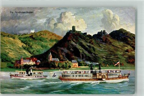 Kamp-Bornhofen mit Burgruine Sterrenberg und Liebenstein Die feindlichen Brüder Rheinschifffahrt Raddampfer F.E.D. Serie 260