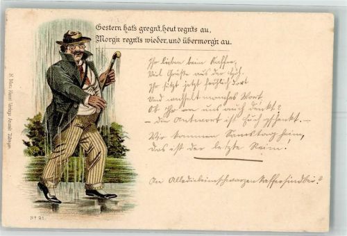 1896 Es regnet heut und morgen und auch übermorgen Lithographie Mann beim Spaziergang Verlag Metz Nr. 21