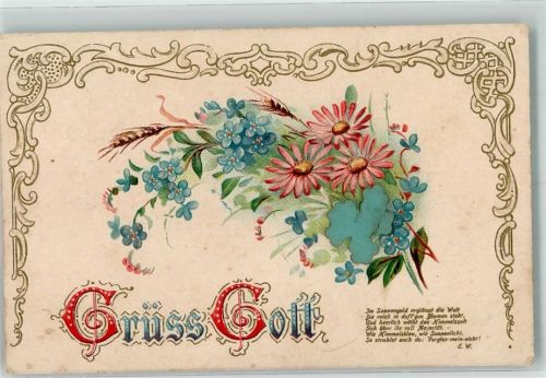 1906 mit Echtstoffaplikation Vergissmeinnicht Spruch Grüss Gott