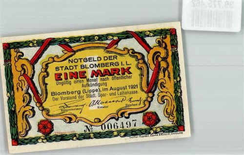 Blomberg 1921 Eine Mark Spar- u. Leihekasse No. 006497